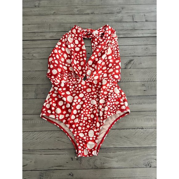 ADRIANA DEGREAS V Neck Red Dot Ray Fish One Piece Halter Neck Swimsuit Size M - Picture 5 of 7